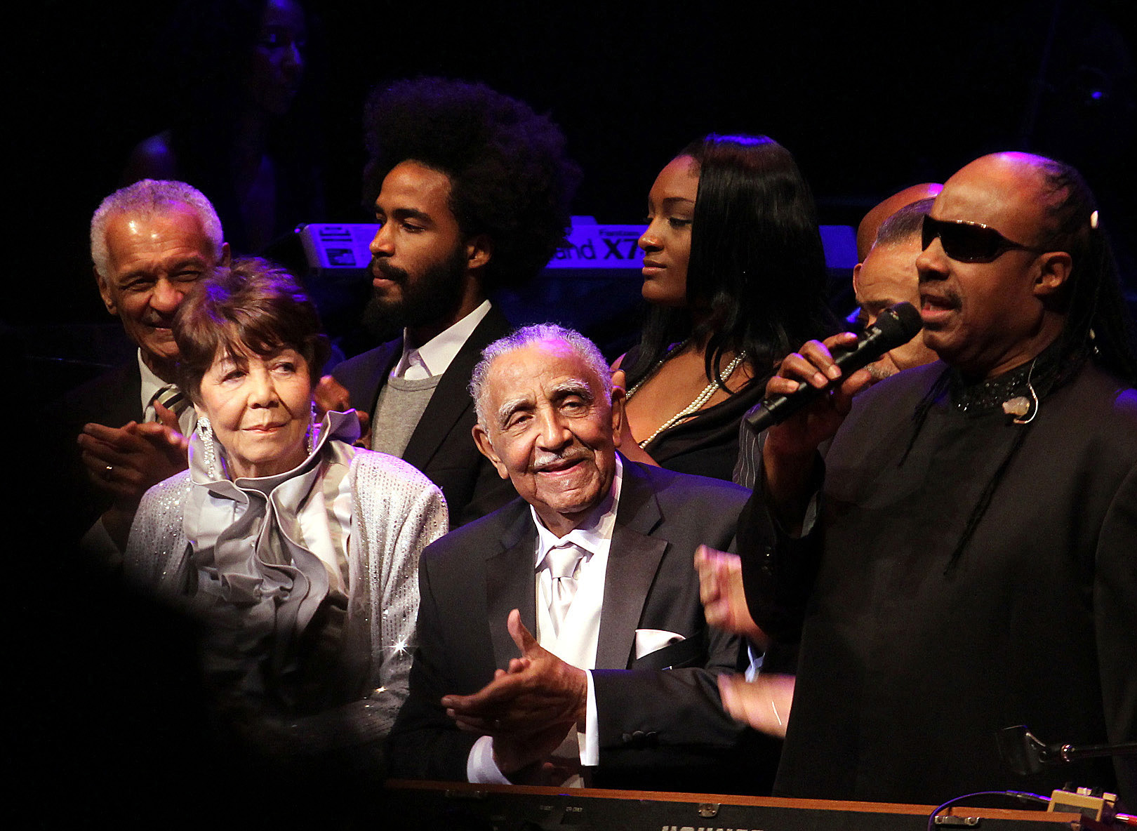 Rev. Dr. Joseph E. Lowery's Ninety Years Birthday Celebration at the Atlanta Symphony Hall, October 9, 2011 included a birthday song by Stevie Wonder.  Next to Rev. Lowery is his wife of 60 years, Evelyn Lowery. Photo by Kathleen Barry, United Methodist Communications. 