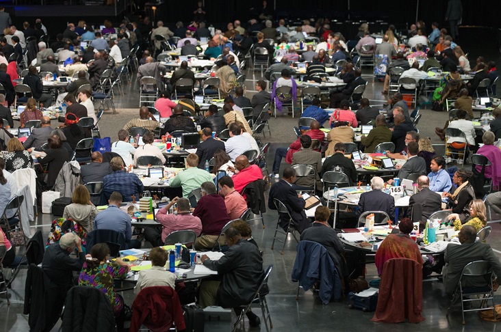 gc2016-plenary-floor_(2) Delegates consider legislation during the 2016 United Methodist General Conference in Portland, Ore. In 2020, the faces at General Conference may change, but the numbers will likely be the same. Photo by Mike DuBose, UMNS.