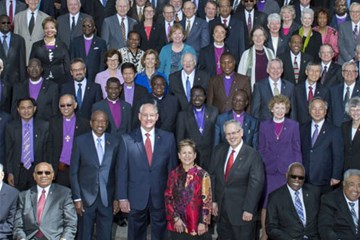 United Methodist bishops pose for a group photo in May 2017 on the steps of First United Methodist Church in Dallas, Texas. Photo by Maidstone Mulenga, Council of Bishops.