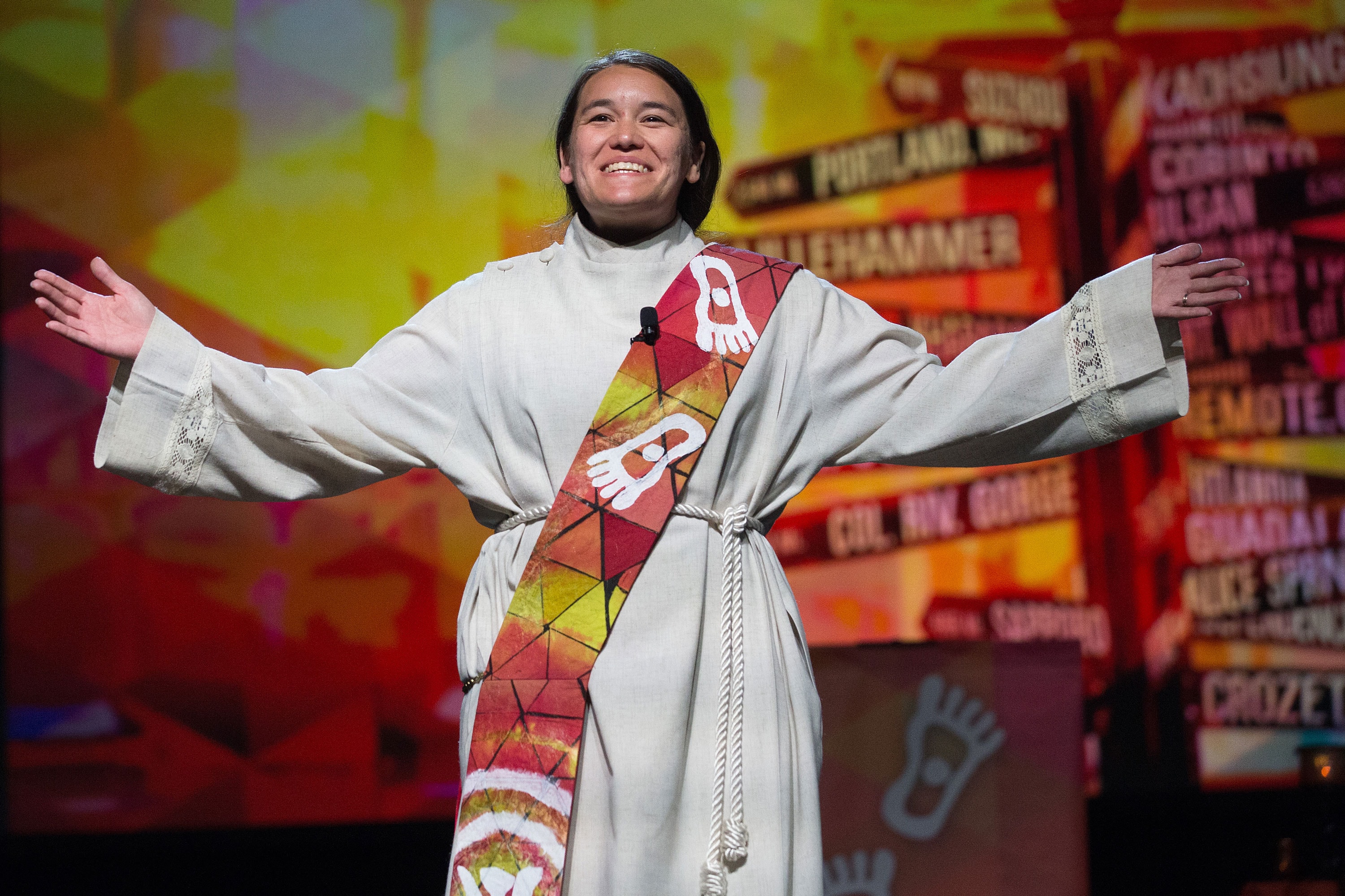 The Rev. Megan Shitama Weston leads worship during the 2016 United Methodist General Conference. File photo by Mike DuBose, United Methodist Communications. 
