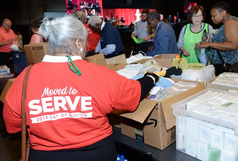This year’s mission service was unique in that in addition to having Bishop Swanson deliver the message, he also gave a call to action for everyone to help grab the materials they dropped off at conference earlier in the week to assemble health kits for Mississippi disaster response ministries. The goal was to complete 10,000 kits. The final count of health kits reached approximately 15,000.