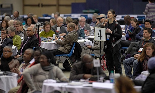 Delegate Jill Wondel of Missouri speaks on February 25, 2019, during the Special Session of the General Conference of The United Methodist Church, held in St. Louis, Missouri.