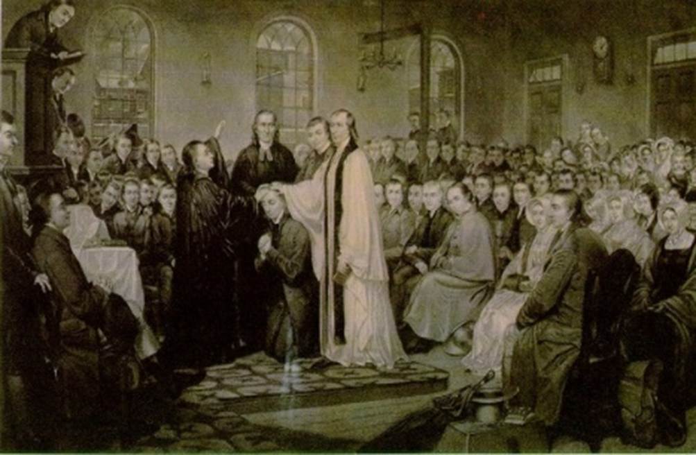 1784년 12월 27일, 미감리교회가 결성된 크리스마스연회에서 프랜시스 에스베리를 감독으로 성임하는 모습. 크리스마스연회는 영국 국교회로부터 분리, 북미에 있는 성공회로부터 분리 그리고 영국의 웨슬리와 감리교로부터 분리  등 3가지 중요한 결정을 내렸다. 길크리스트의 판화, 뉴욕, 1882. 사진 연합감리교회 교회역사보존위원회 제공.