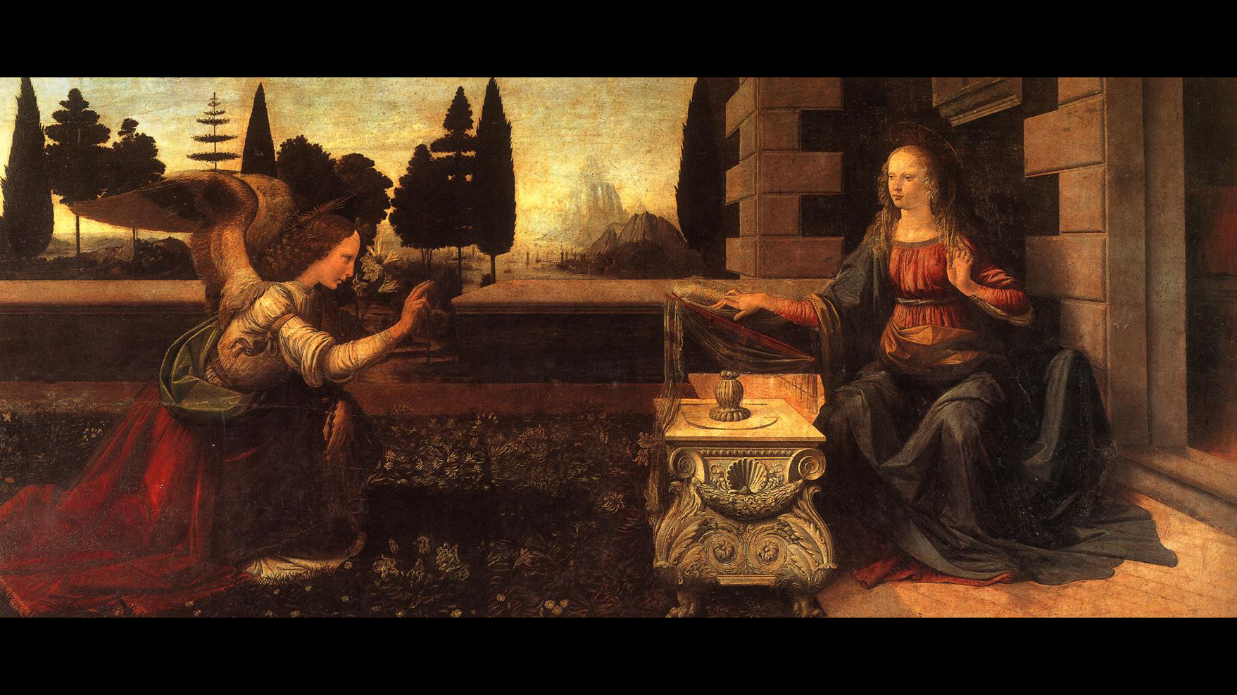 The archangel Gabriel kneels, raising his right hand in greeting to Mary and indicating her divine pregnancy. Painting of The Annunciation by Leonardo da Vinci, circa 1472.  Painting by Leonardo da Vinci (public domain), courtesy Wikimedia Commons