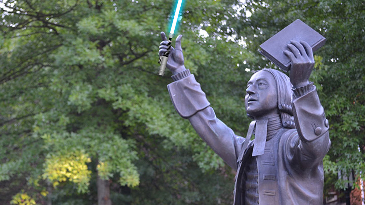 Statue of John Wesley located on the campus of Asbury Theological Seminary in Wilmore, Kentucky. Photo courtesy of Wikipedia. Jedi illustration by Christopher Fenoglio.