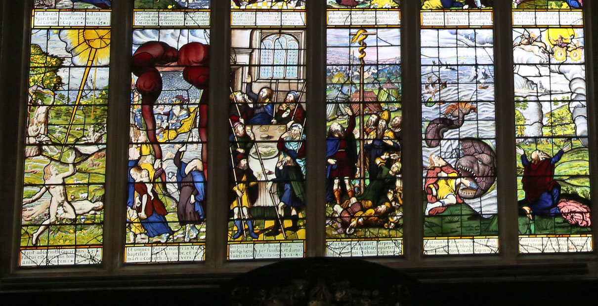 The window at Lincoln College in Oxford features a depiction of the story of Jonah (2nd from the right) that influenced John Wesley. Photo by Kathleen Barry, United Methodist Communications.