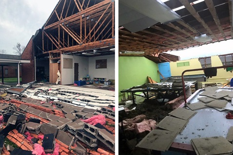 Estas dos vistas muestran los daños extensos en la Iglesia Metodista Unida de la Universidad en Lake Charles, Luisiana. El suroeste de Luisiana tiene una destrucción generalizada causada por el huracán Laura, que tocó tierra el 27 de agosto con vientos de hasta 150 millas por hora. Fotos de Jerry Jackson, cortesía de la Revda. Angela Cooley Bulhof, Iglesia Metodista Unida de la Universidad.