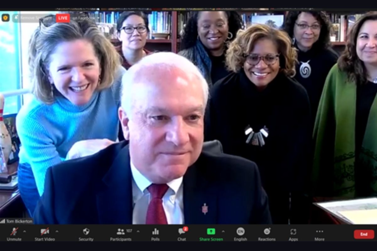 Bishop Thomas Bickerton is cheered by his wife, Sally, and New York Conference staff after giving his acceptance speech as the incoming president of the Council of Bishops. (Zoom screenshot courtesy of the Council of Bishops of The United Methodist Church.)