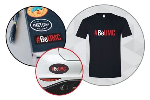 Images of #BeUMC sticker, magnet, and shirt available for purchase. Images of #BeUMC sticker, magnet, and shirt available for purchase.