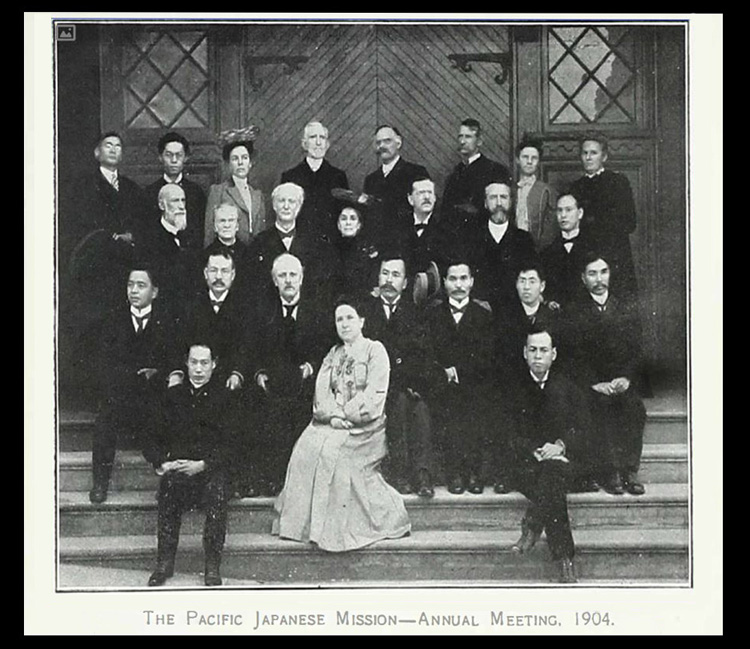 Attendees of the Fifth Annual Session of the Pacific Japanese Mission of the Methodist Episcopal Church held in San Francisco, Calif., pose for a photo in 1904. The Rev. Zenro Hirota is on the far right, second row from the top. Image courtesy of Archives and History of the California-Pacific Conference.