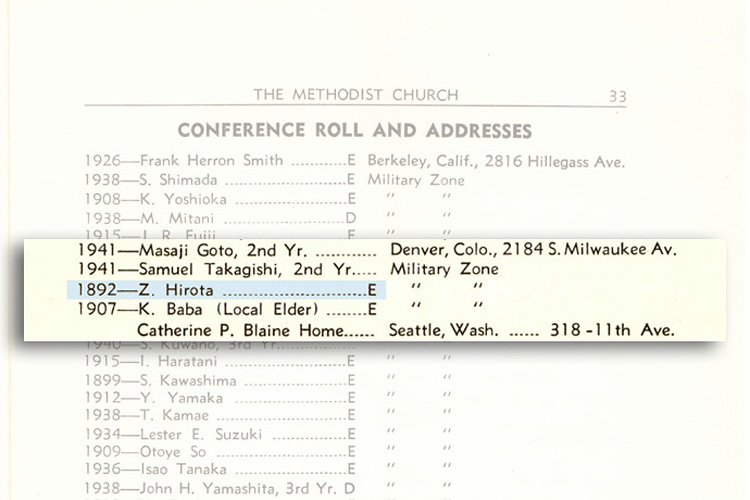 In 1942, an executive order signed by U.S. President Franklin D. Roosevelt forcibly removed over 120,000 Americans of Japanese ancestry from their homes. The clergy roll in the 1942 Pacific Japanese Provisional Annual Conference journal lists all of the Japanese pastors who were in the “Military Zone” as “excused from ministerial duties.” Image courtesy of Archives and History of the California-Pacific Conference.