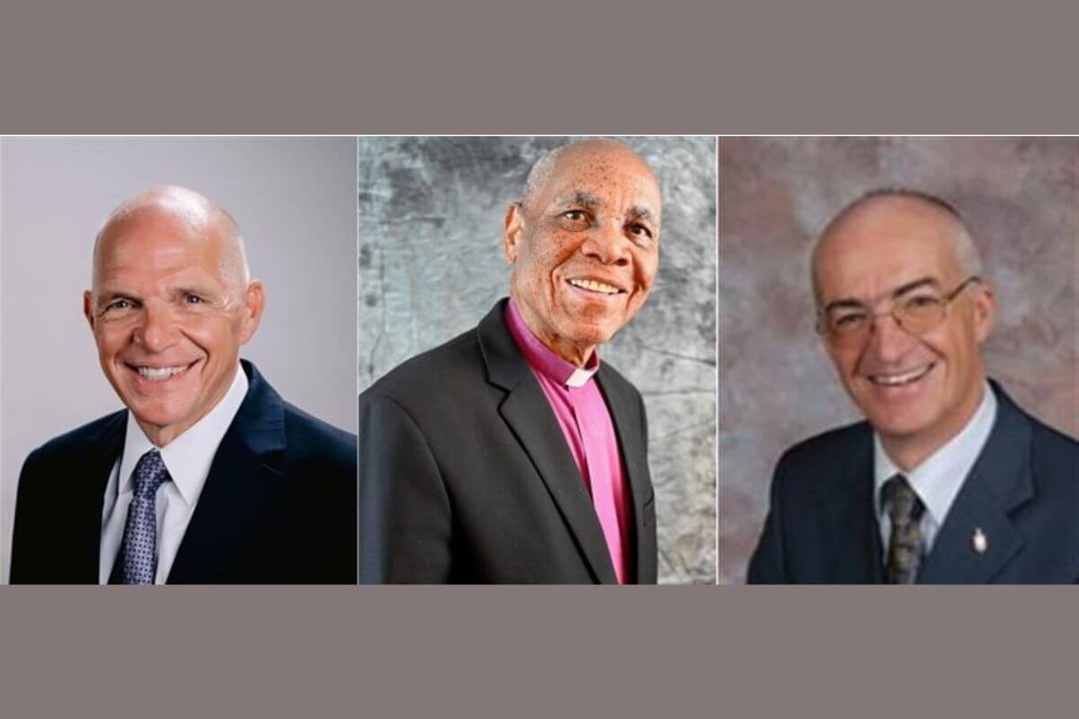 Pictured left to right: Bishop John Schol, Bishop Eben Nhiwatiwa and Bishop Patrick Streiff will serve as the interim episcopal team for the Nigeria Episcopal Area through December 2024. (Image courtesy of the Council of Bishops.)