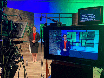 Ashley Boggan, top executive of the United Methodist Commission on Archives and History, speaks in a video being produced by United Methodist Communications. Archives and History’s partnership with United Methodist Communications enables the history agency to share its resources using up-to-date production technology. Photo by Stacey Hagewood, United Methodist Communications.