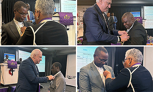 Newly elected Bishops Emmanuel Sinzohagera (clockwise from top left), Moisés Jungo, João Sambo and Gift Machinga receive their episcopal pins from Bishops LaTrelle Easterling and Thomas Bickerton. Photos by Eveline Chikwanah and Priscilla Muzerengwa, UM News