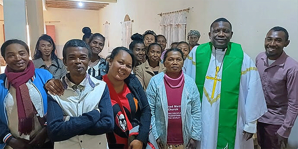 The Rev. Éric Kalumba (second from right) poses with church leaders at Ambodifasika United Methodist Church in Ambodifasika, Madagascar. After arriving last year, Kalumba went to work, convening the church council to listen to their concerns and develop strategies to expand The United Methodist Church in Madagascar. Photo by Esdras Rakotoarivony, UM News.