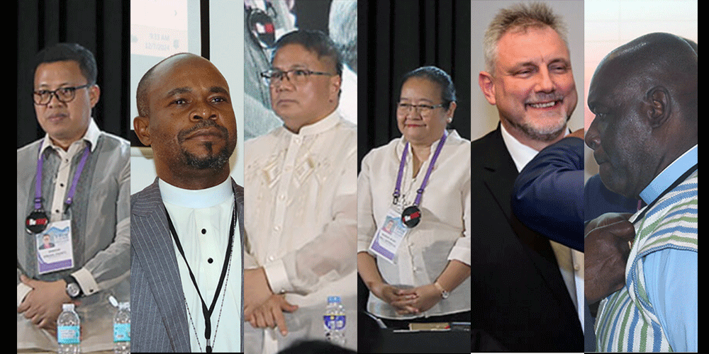 Composite photo of newly elected Bishops: (l-r) Israel M. Painit, Ande Ikimun Emmanuel, Rodel M. Acdal, Ruby-Nell M. Estrella, Werner, Philipp's and James Boye-Caulker. Photos courtesy of Klaus Ulrich Ruof, EmK Public Relations, Eveline Chikwanah and Gladys P. Mangiduyos of UMNews.